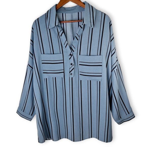Lapel Collar Button Down V-Neck Striped Blouse w/ Pockets Sz 2X - Picture 1 of 9